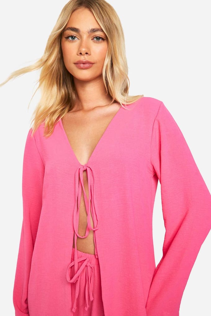 boohoo Dames Hammered Tie Front Blouse & Relaxed Fit Shorts | Roze | Maat: 34