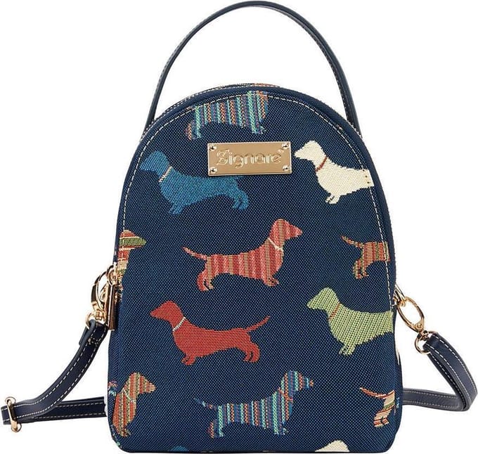 Signare - Mini Backpack - Rugtas - Schoudertas - luxe Gobelinstof - Dachshund - Teckel - Donker Blauw
