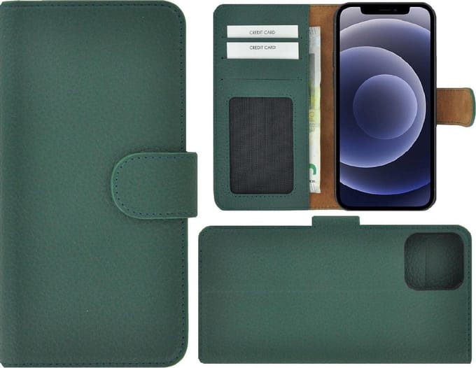 Geschikt voor Iphone 12 Pro Hoesje - Leder Bookcase - Iphone 12 Pro Book Case Wallet Echt Leer Dennengroen Cover