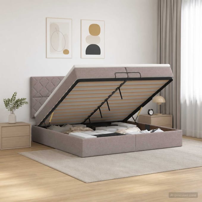 vidaXL - Ottoman - bed - met - matras - met - hoofdeinde - Taupe - 200 - x - 200 - cm - Stof