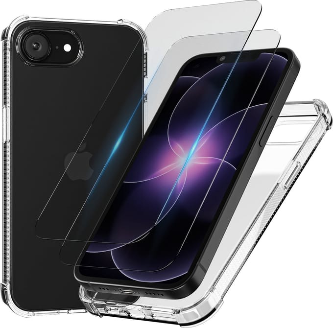 Hoesje - geschikt voor Apple iPhone 16e/17e - Transparant - 2x screenprotector - beschermglas screen protector- Anti Shock case