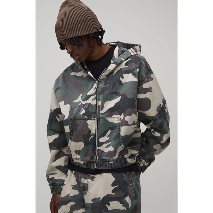 Oversized Crop Camo Twill Hooded Overshirt | Green | Size Small