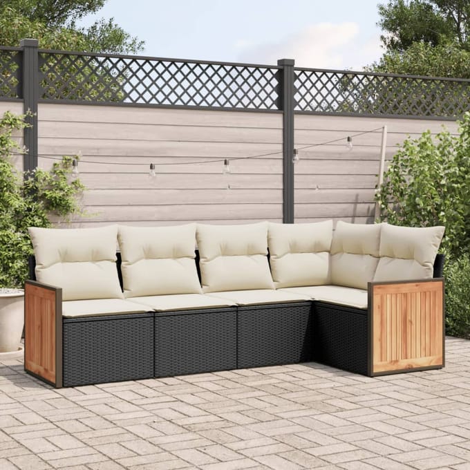 vidaXL - 5-delige - Loungeset - met - kussens - poly - rattan - zwart