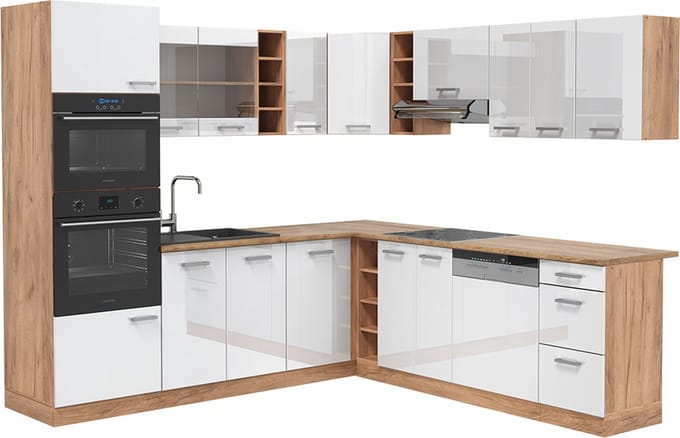 Vicco Hoekkeuken R-Line, Wit Hoogglans/Goudkleurig Eiken, 247 x 237 cm, WB Eik