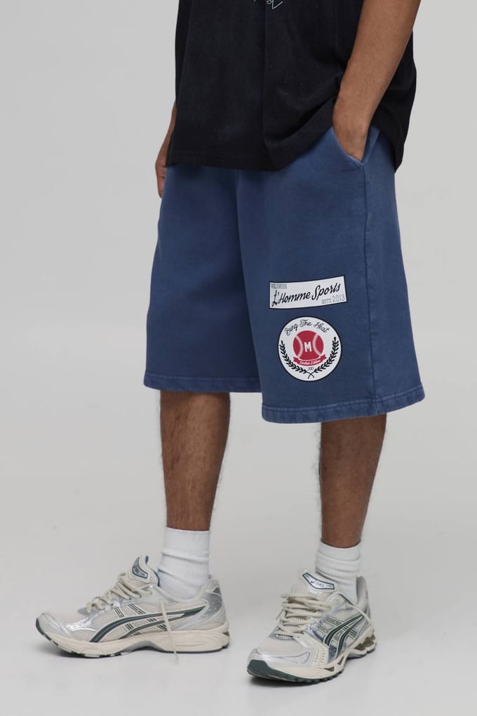 Baggy Fit Gewassen Varsity Jersey Short | Navy | Size Medium