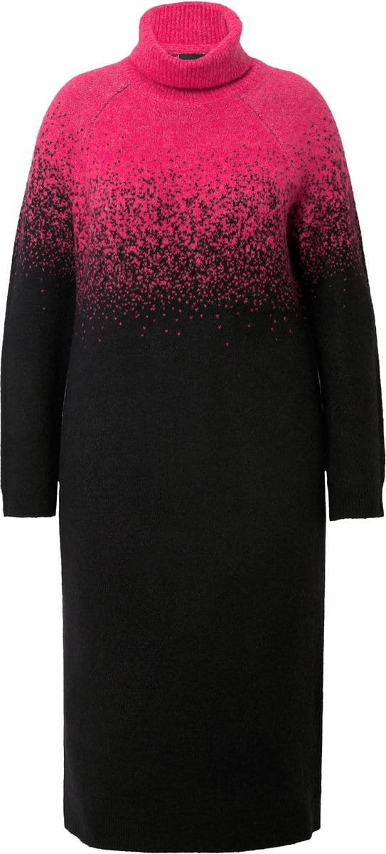 Ulla Popken - Dames - Gebreide midi-jurk kleurverloop opstaande kraag - Zwart - Maat 54+