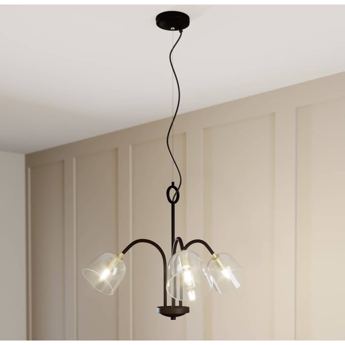 Lucande - hanglamp - 3lichts - glas, metaal - H: 51.5 cm - E14 - helder, zwart, messing