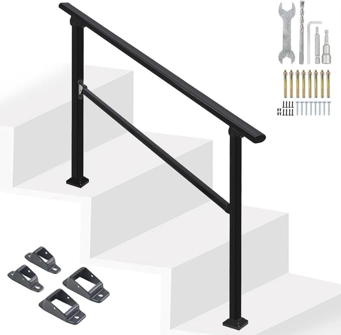 Trapleuning Koolstofstaal - Buitenleuning Steun - Veilig Traplopen - Verstelbare Hoek - 102 cm Lengte - Zwart