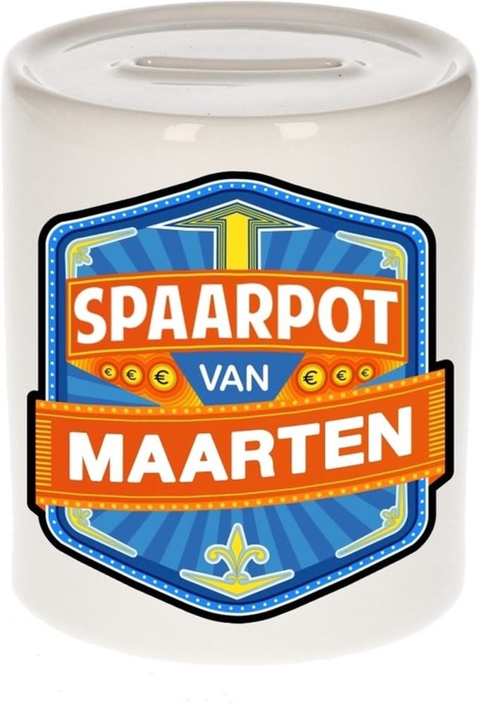 Bellatio Decorations Kinder spaarpot met naam - Maarten - keramiek - met dop - wit - Sparen - Spaargeld van Maarten