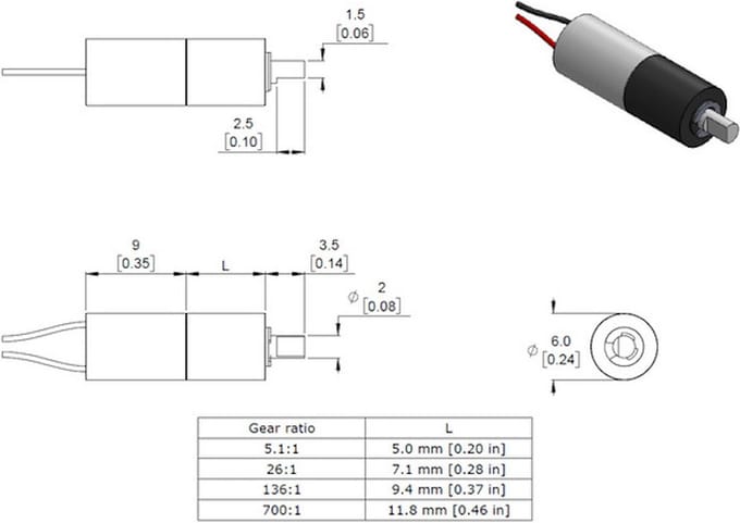 5.1:1 Sub-Micro Plastic Planetary Gearmotor 6Dx14L mm Pololu 2331