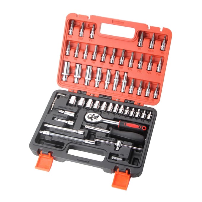 53-delige ratelsleutel- en dopsleutelset 1/4-inch schroevendraaier reparatieset combinatiedop 46pcs & Black Toolbox & Black&Red Handle gray