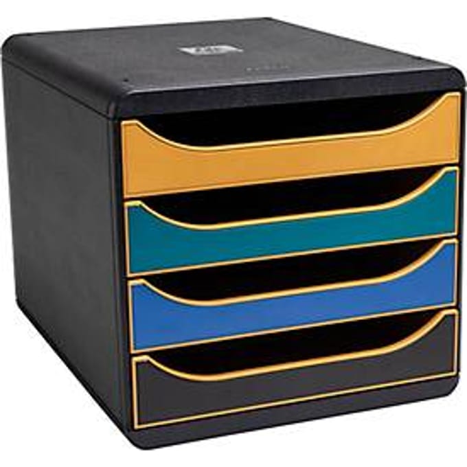 Exacompta Big Box Neo Deco assorti, 4 open laden A4/A4+, geruisloos met veiligheidsstop, stapelbaar, Blaue Engel