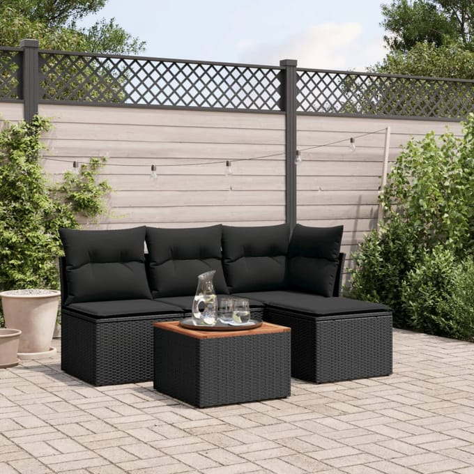 vidaXL - 5-delige - Loungeset - met - kussens - poly - rattan - zwart