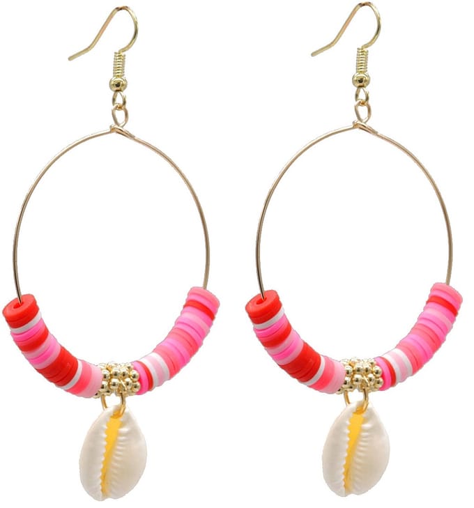 Oorbellen Rond - Schelp en Kralen - 8x4,5 cm - Roze en Rood