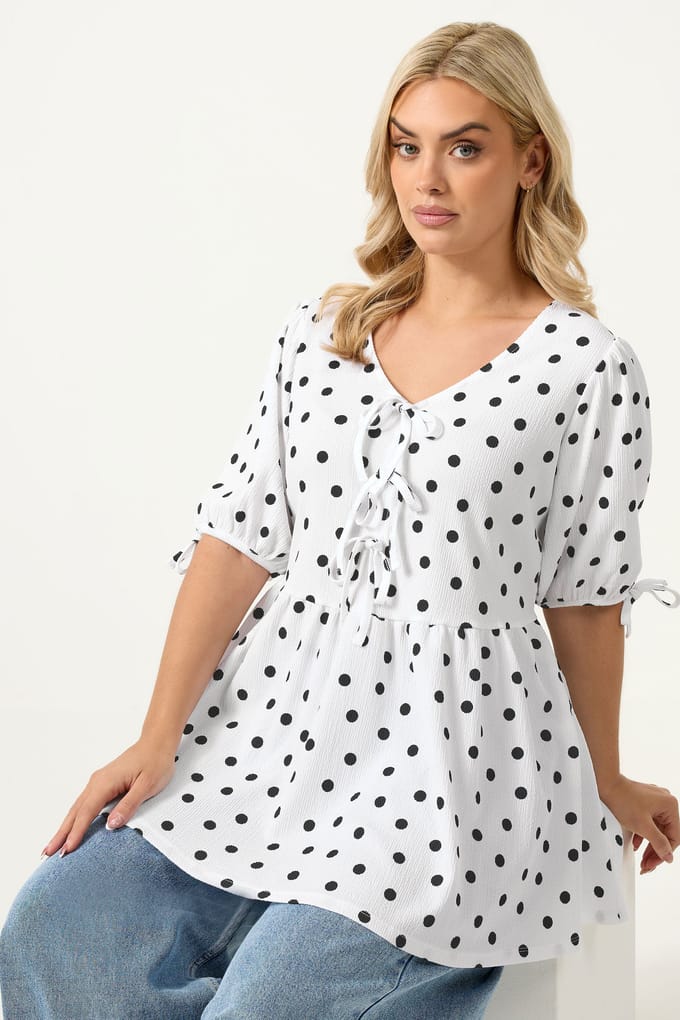 Yours Witte Peplumtop Met Stippen En Strik Aan De Voorkant Size 48