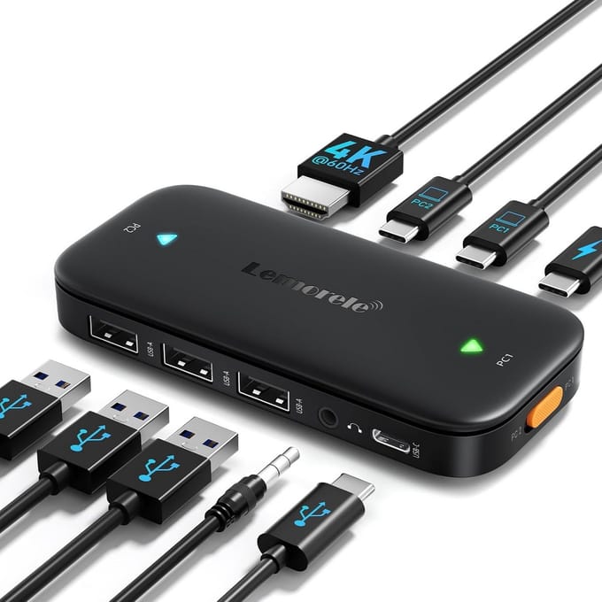USB C KVM Switch HDMI 4K 60Hz, 2 PC's 1 Beeldscherm, 2 Beeldschermen, USB C en Ethernet Connectiviteit