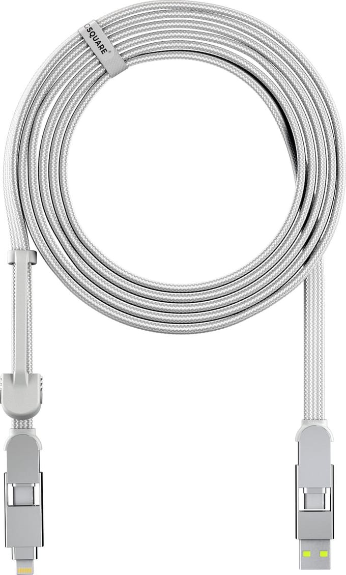 Rolling Square inCharge XL 6-in-1 Snellaadkabel 3 Meter - USB-C, Micro USB & Lightning Oplaadkabel voor iPhone, iPad & Android - Wit