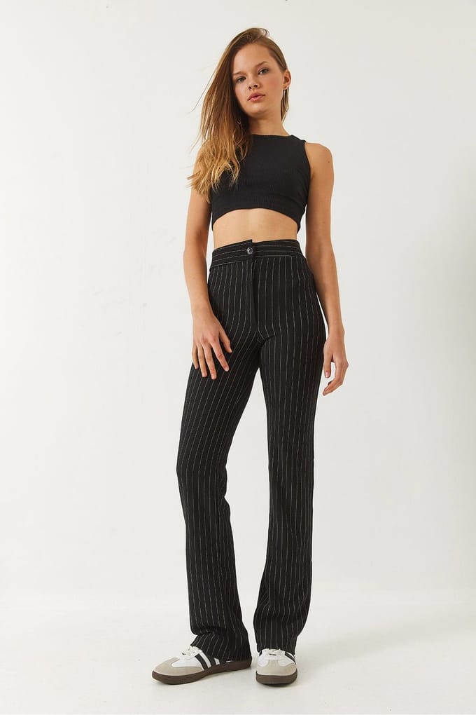 Hoge Taille Gestreepte Flared Broek met Strik
