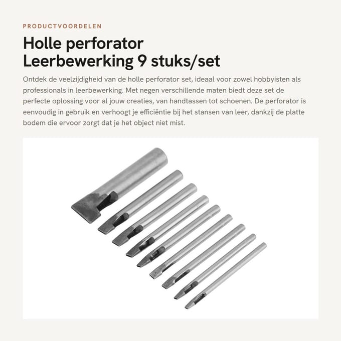 Dailygoods- Perforator Set van 9 - Leer/Handtassen - Koolstofstaal - Eenvoudig in Gebruik - Platte Bodem - Efficiënt Stansen - Pons