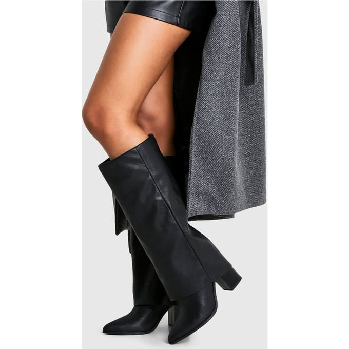 boohoo Dames Kniehoge laarzen met brede pasvorm, getextureerde foldover en gestapelde hak | Black | Maat: 3