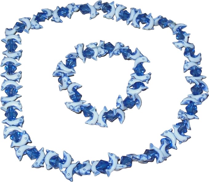 Ketting+armband dolfijnen blauw-wit