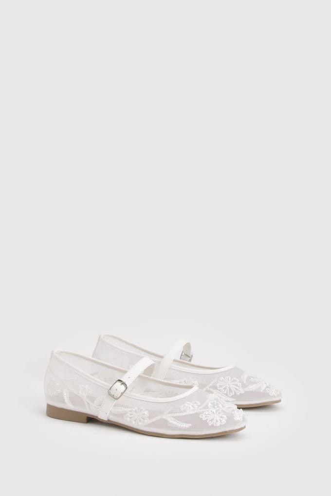 boohoo Dames Bruids Ballerina's Met Kraaltjes Mesh En Gespsluiting | Wit | Maat: 40