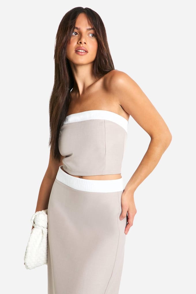 boohoo Dames Textuur Linnen Look Contrast Aansluitend Bandeau | Taupe | Maat: 12