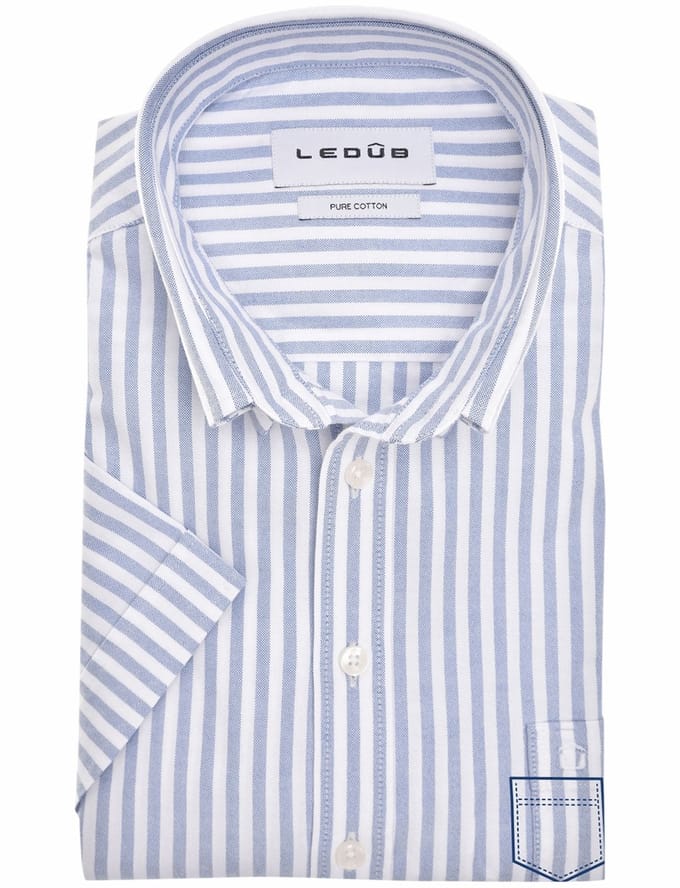 katoenen Ledub overhemd korte mouw blauw gestreept