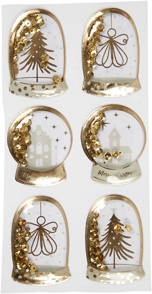 Shaker stickers, engel, boom en huizen, afm 49x32+45x36 mm, goud, 6 stuk