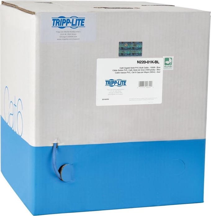 Tripp-Lite N220-01K-BL Cat6 Gigabit Bulk Stranded 24 AWG CMR PVC Cable, Blue, 1000 ft., TAA TrippLite