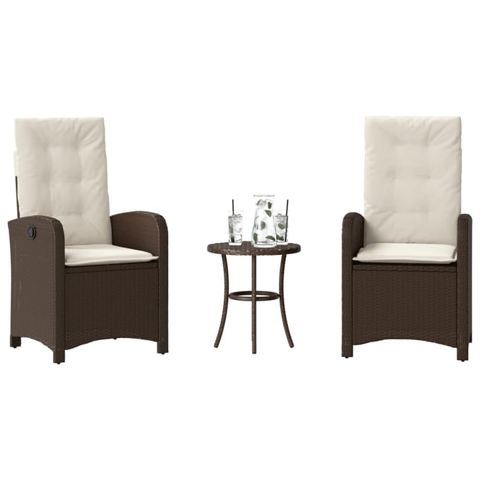 vidaXL - 3-delige - Bistroset - met - kussens - poly - rattan - bruin