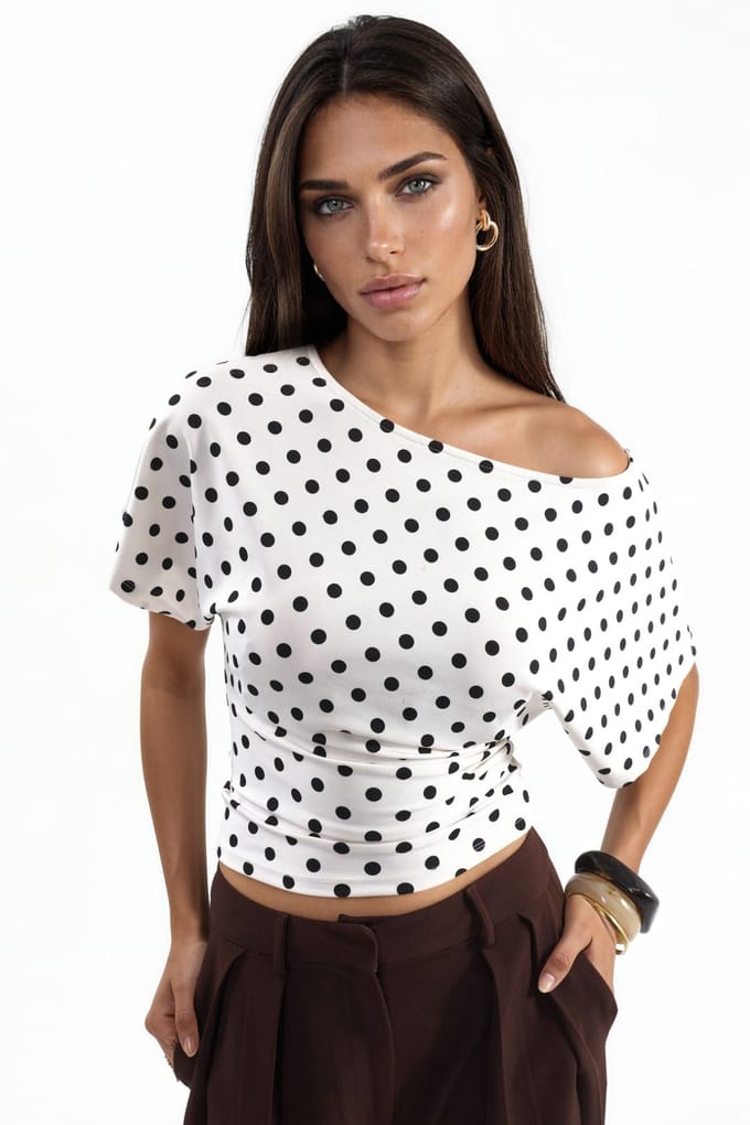 Gestippelde Strakke Taille Blouse met Vleermuismouwen