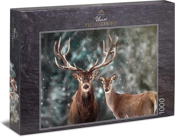 Puzzel Hertenpaar - Winterlandschap Puzzel - Ontspanning Thuis - Moderne Beeldtaal - 68 x 48 cm - Wit Grijs Bruin