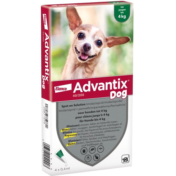 AdvantixÂ 40/200 Spot-on Solution voor honden 4 Pipetten x 0,4ml - BE
