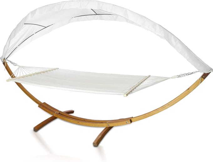 Hangmat XXL - Lounge bed - Buiten relaxen - Inclusief frame en dak - 410 cm lang - Beige