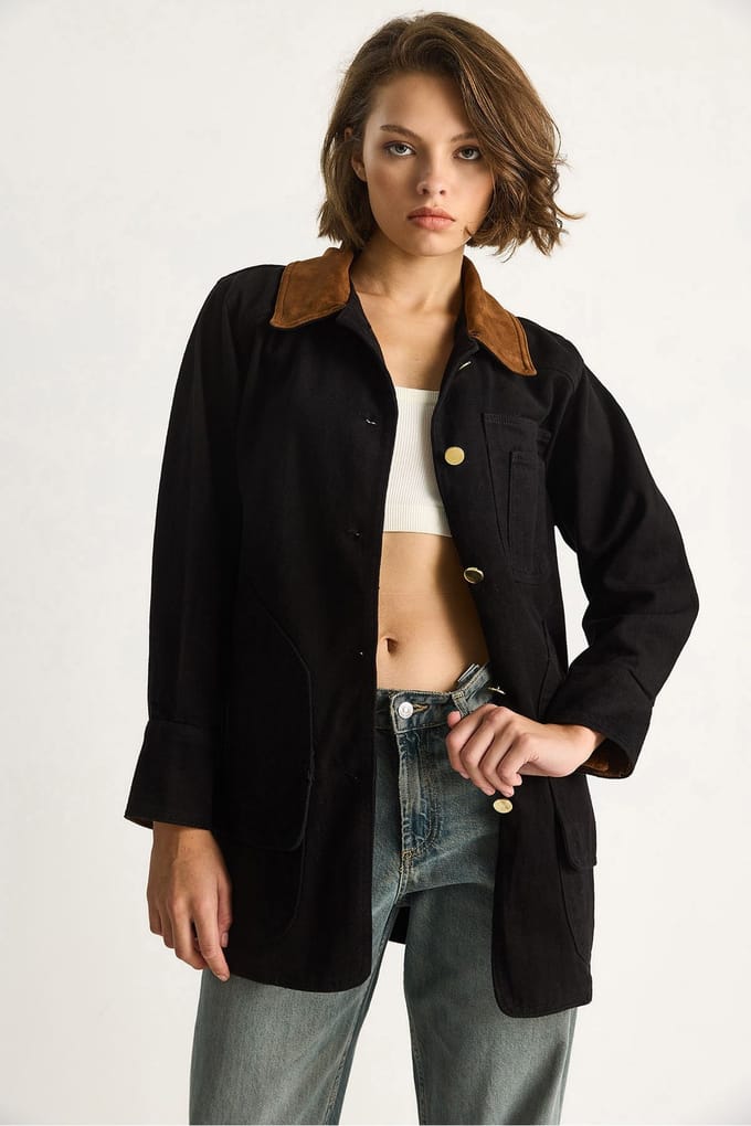 Gabardine Jas met Synthetische Suède Kraag