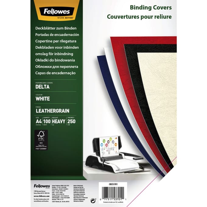 Fellowes dekblad, formaat A4, voor inbindmachines, van papier in lederlook, wit, 100 st.