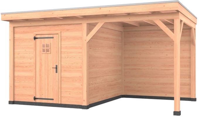 Douglas overkapping, 500 x 350, met schuur en achterwand, Westwood Comfort Plus