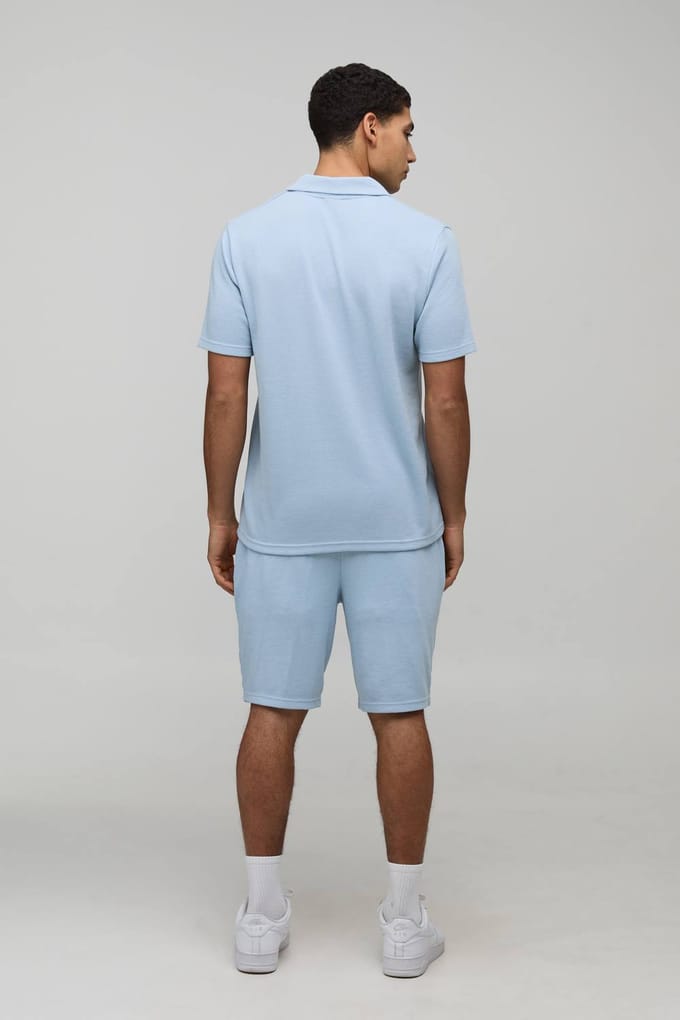 Slim Fit Waffle Revere Polo & Shorts Set | Dusty Blue | Size Large