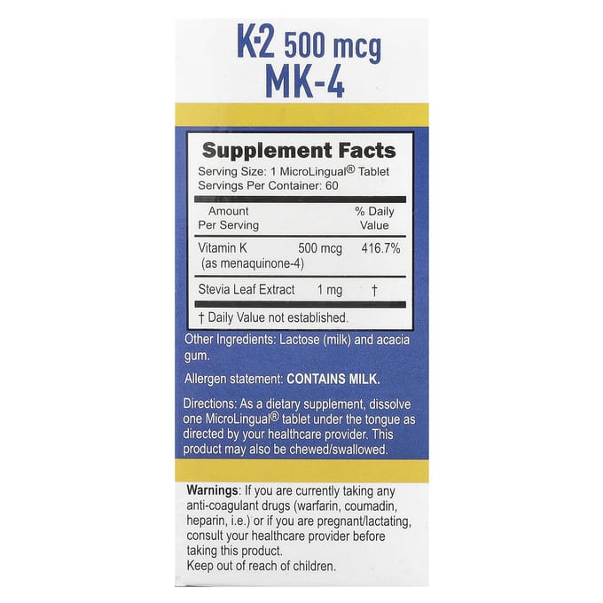 Vitamine K-2, 500 mcg, Snel Oplossende Microlinguale 60 Tabletten