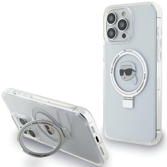 Karl Lagerfeld Ring Stand MagSafe Serie - iPhone 15 Pro Max Hardcase - Lichte Bescherming - Wit - Luxe Ontwerp