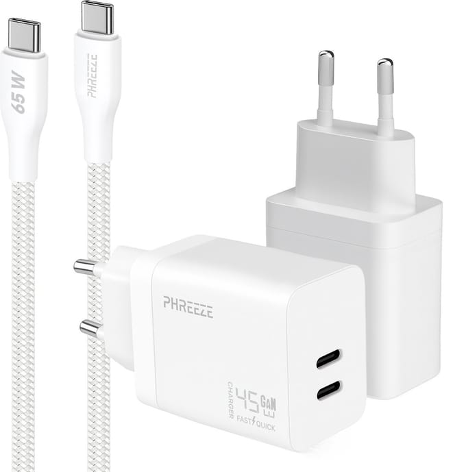 Phreeze usb C oplader 45w met usb C naar usb C kabel 1 meter - Snellader met 2 usb C poorten - PPS fast charger