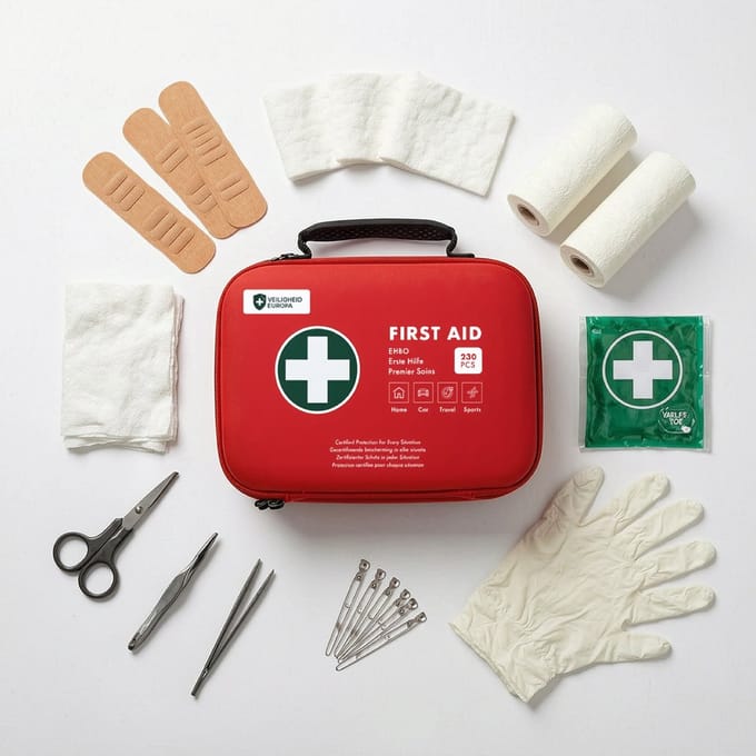 EHBO Kit 230-delig – Complete First Aid Kit – Verbanddoos voor Thuis, Auto, Reizen & Sport – Compacte Opbergcase – Rood