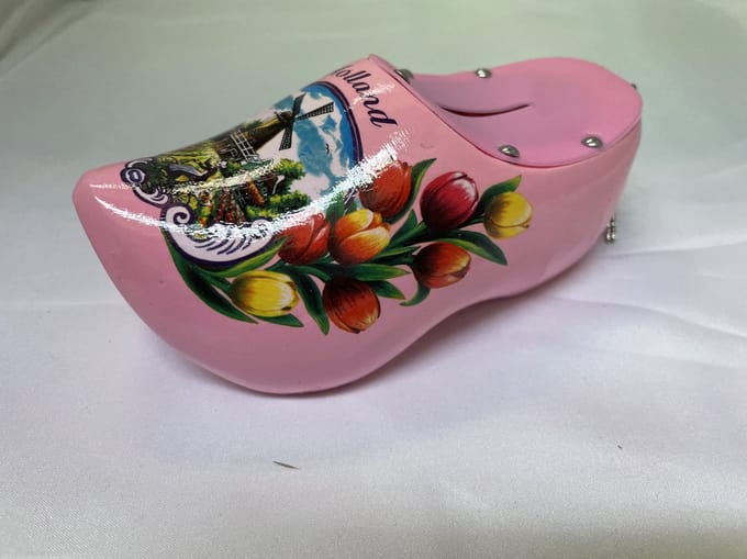 Spaarpot klomp roze met molen en tulpen