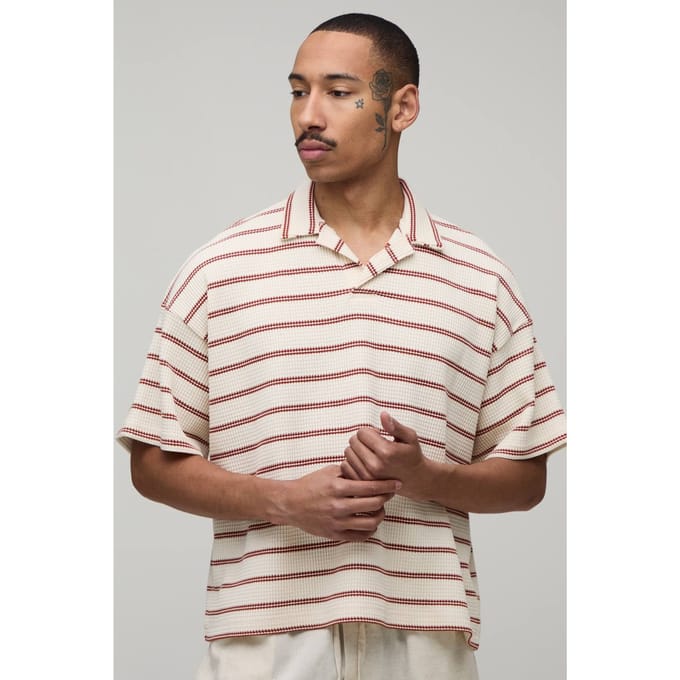 Oversized Striped Waffle Revere Polo T-Shirt | Ecru | Size Medium