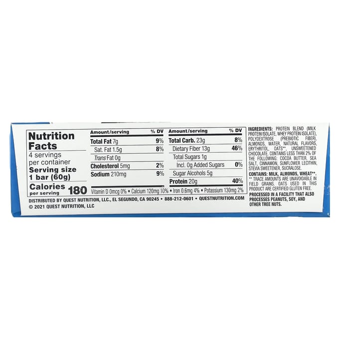 Quest Nutrition, Barre protéinée, Avoine et pépites de chocolat, 4 barres, 2,12 oz (60 g) chaque