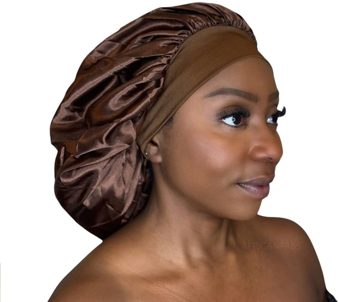 Satijnen Haar Bonnet - Bruin met hoofdband (Satijnen Slaapmuts ) – AfricanFabs®