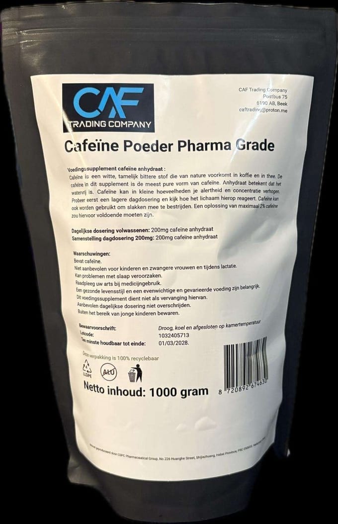 Cafeïne anhydraat poeder 1000 gram (1KG) pharma grade caffeine anhydrous