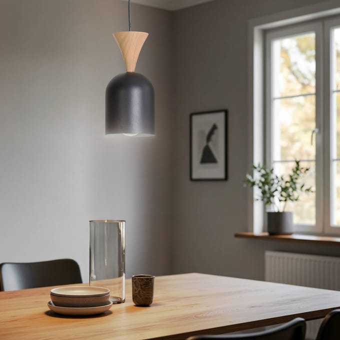 Lamkur Hanglamp Nolan, Ø 11 cm, zwart/eiken, metaal/hout