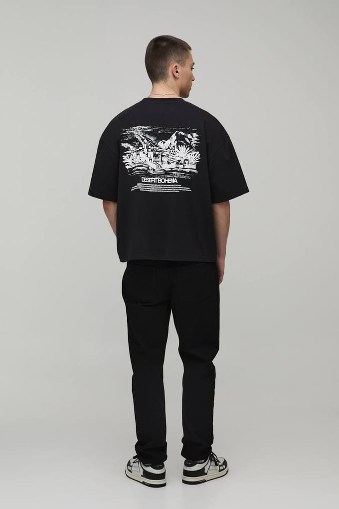 Oversized Boxy T-shirt Met Woestijnlandschap Print | Black | Size Medium
